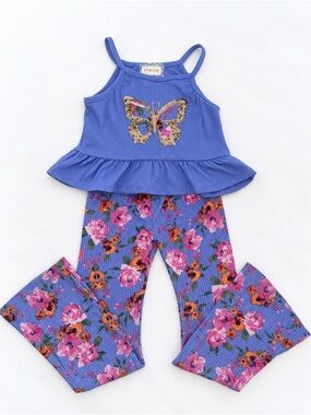 btween Girls Size 6 Blue Floral Butterfly Sequin Top Flare Pants 2-Piece Set